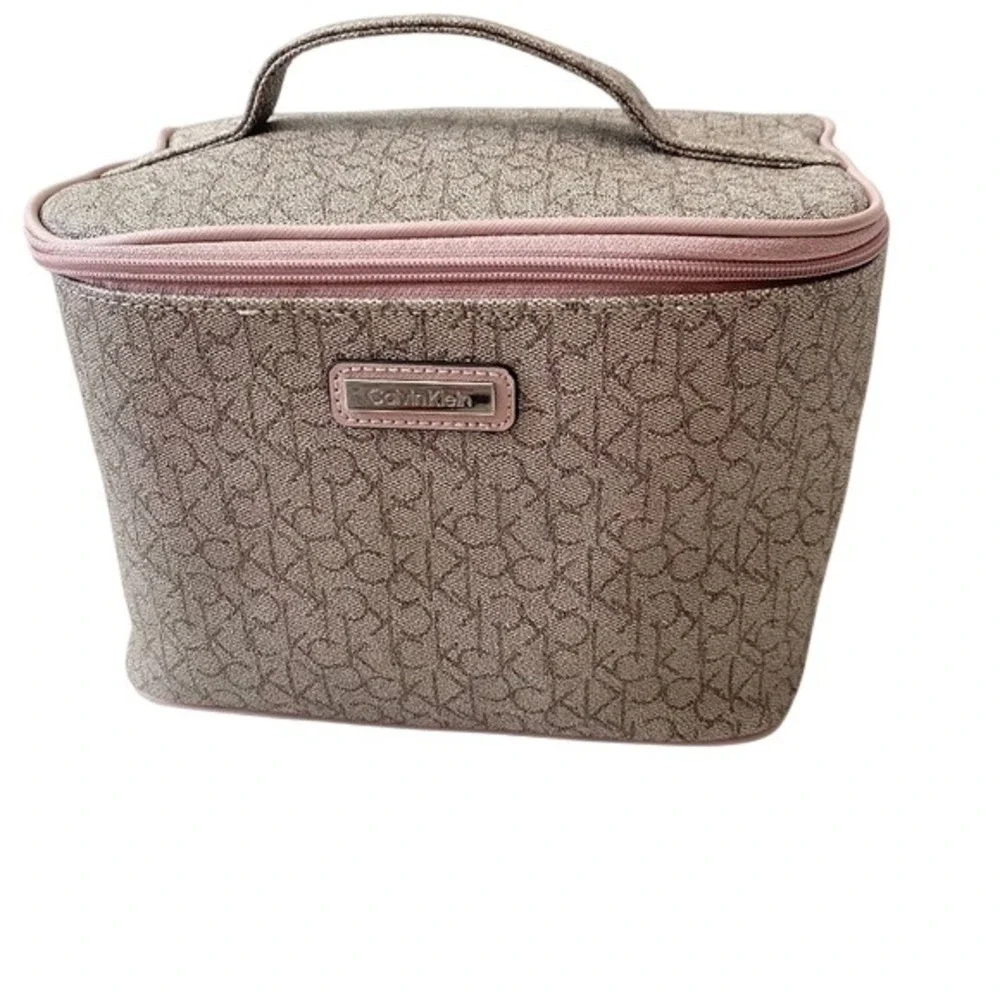 Calvin Klein Monogram Zip Toiletry Cosmetic Travel‎ Case Brown/Beige